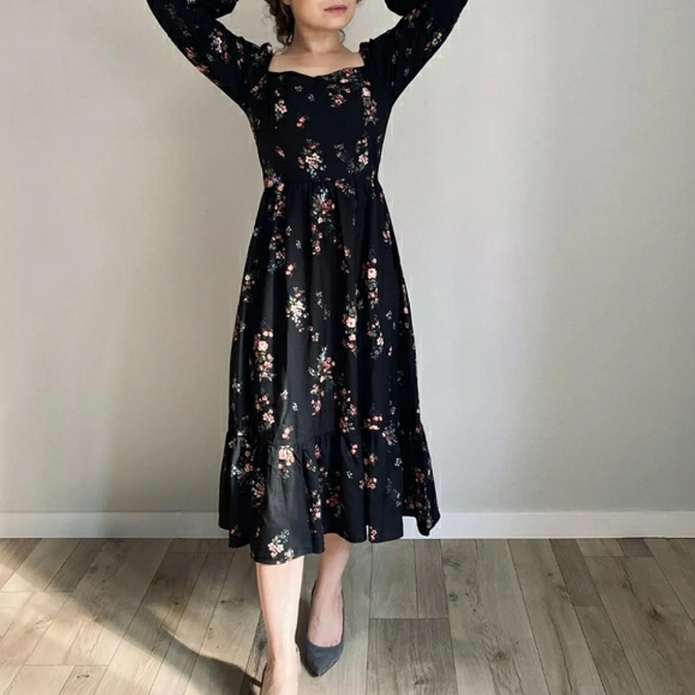 Floral Print Square Neck Midi Dress with Smocked Back Tie